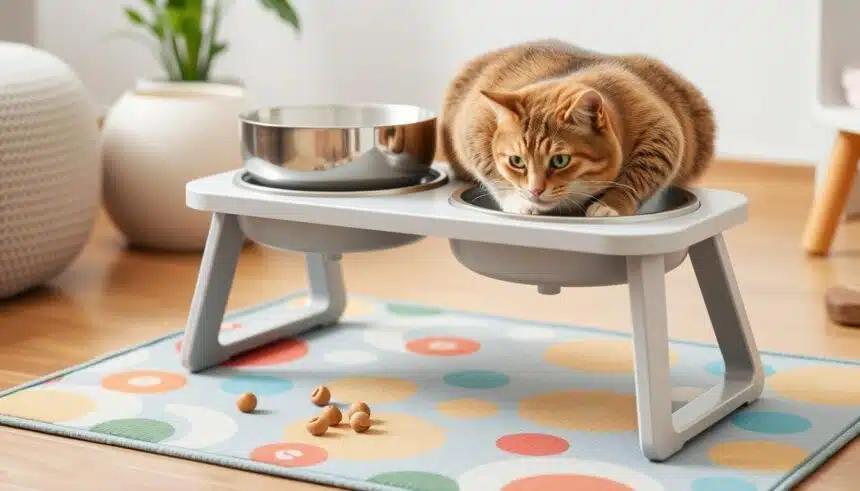 Elevated Cat Bowls with Food Mat 15 degree Tilted Stand Anti Vomiting